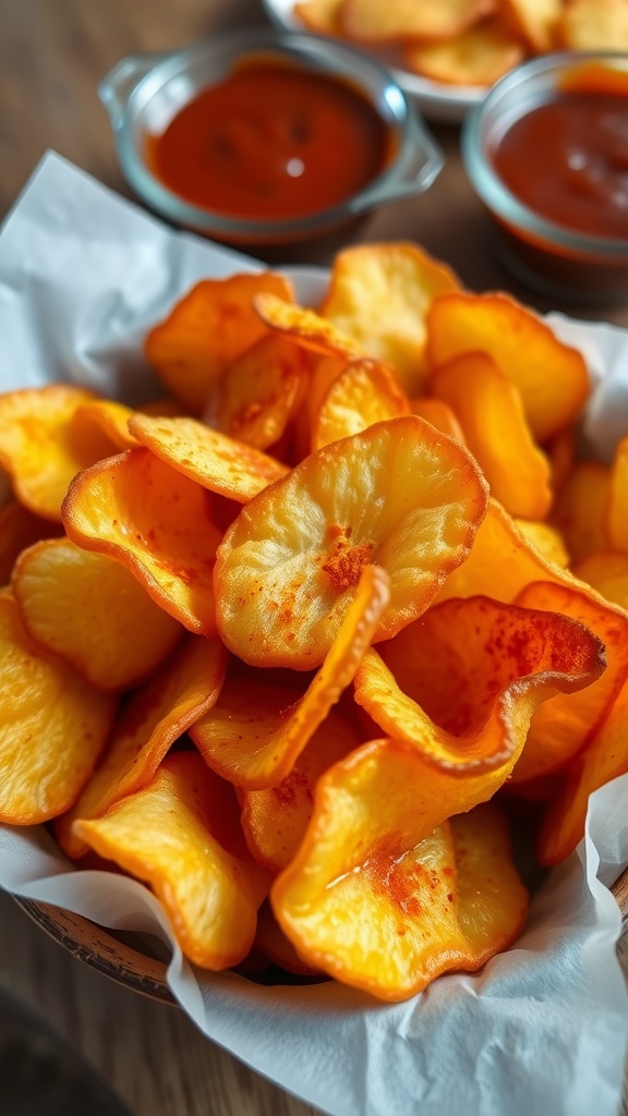 Homemade barbecue lays potato chips in a bowl with a side of barbecue sauce.